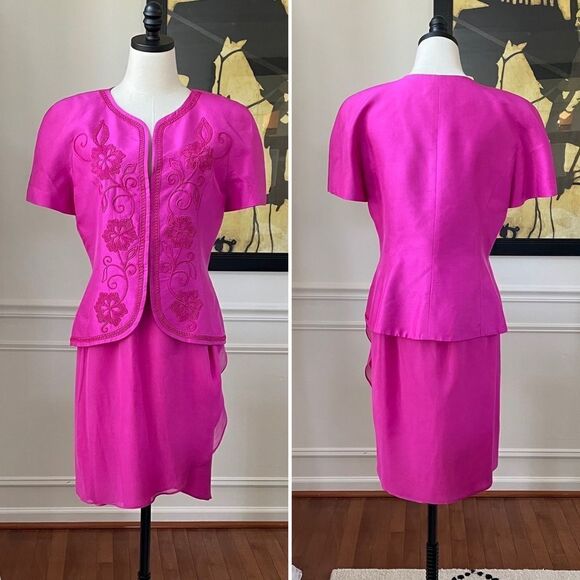 Vintage Constance Saunders Silk Jacket Wrap Skirt Raspberry 10 - Picture 1 of 12